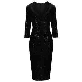 Black 3/4 Sleeve V Neck Velour Sequin Pencil Wiggle Dress