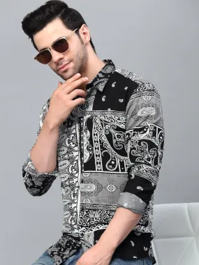 Black Paisley Printed Cut Away Collar Full Sleeve Shirt