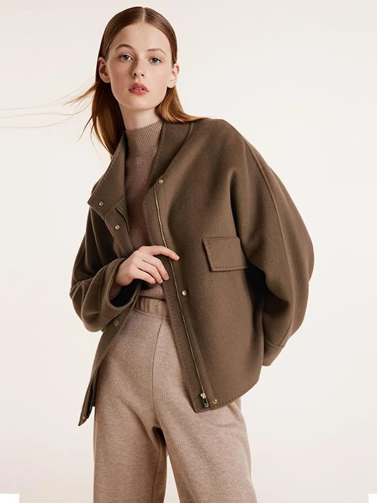 Brown Tencel Wool Mid-Length Jacket