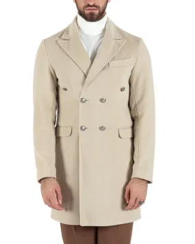 Cappotto Doppiopetto Uomo Con Colletto Giaccone Martingala Beige Elegante Tessuto Diagonale GIOSAL-CO1028A