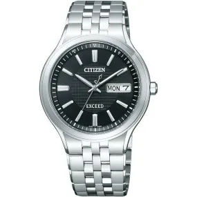 CITIZEN EXCEED ECO-DRIVE RADIO CONTROLLED DAY-DATE SILVER & BLACK MEN WATCH AT6000-52E