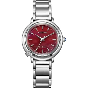 CITIZEN L ARCLY COLLECTION ECO-DRIVE SOLAR SILVER STRAP RED DIAL LADIES WATCH EM1090-78X