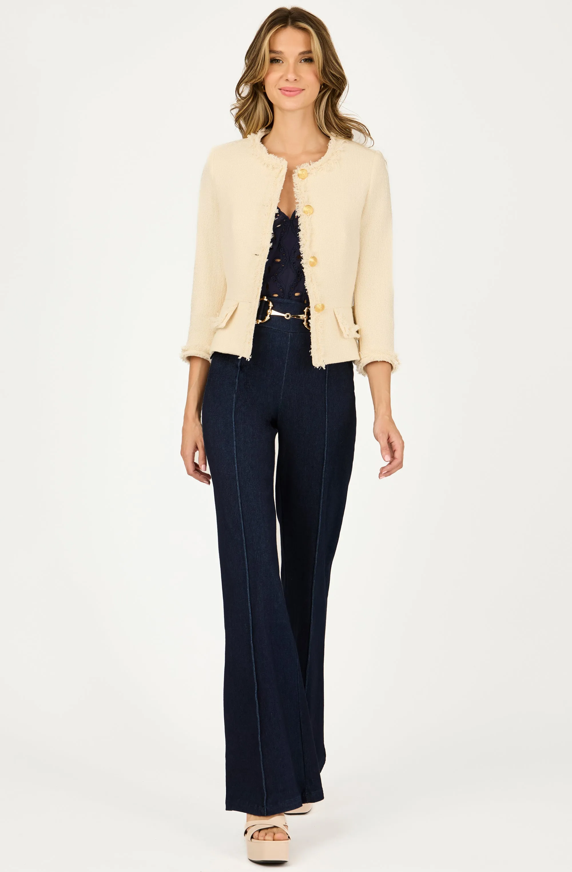 Collarless Bouclé Jacket with Gold Buttons