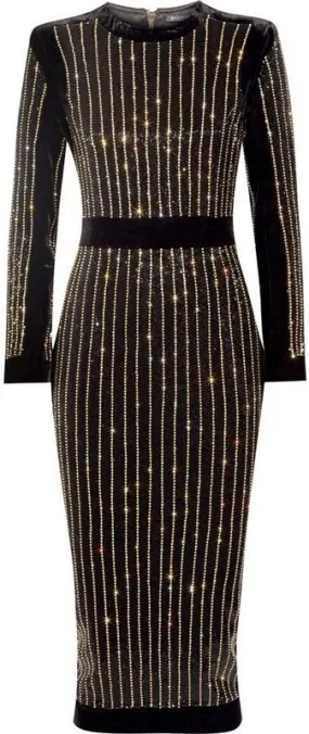 'Lauren' Vertical Rhinestone Embellished Black Midi Bandage Dress