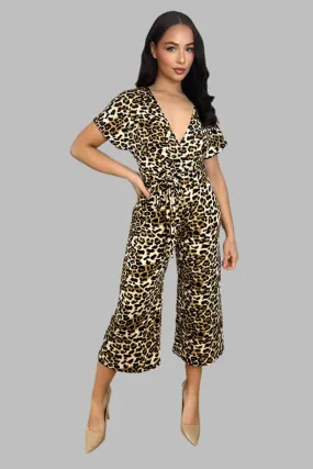 Leopard Print Deep V-Neck Cropped Leg Jumpsuit