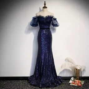 Mermaid Navy Blue Sequin Prom Dresses Sexy Evening Dress SH084