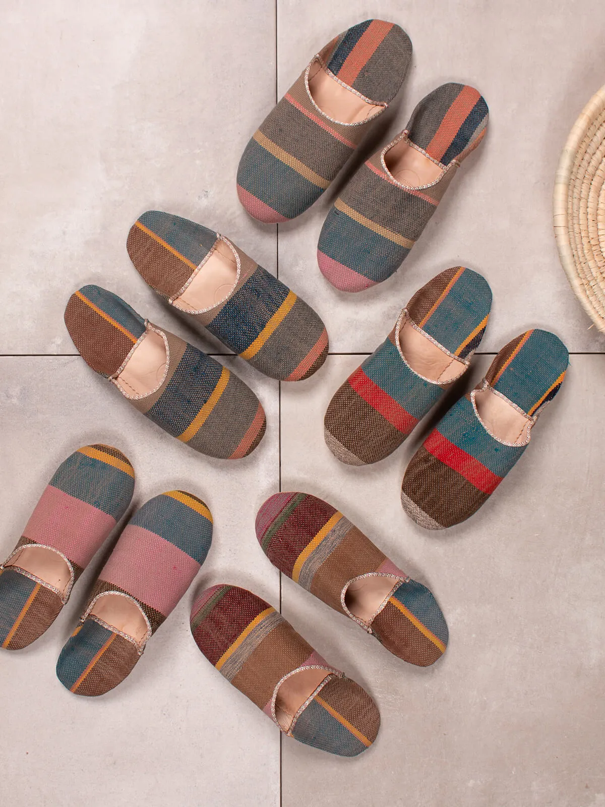 Moroccan Boujad Basic Babouche Slippers, Camel Stripe