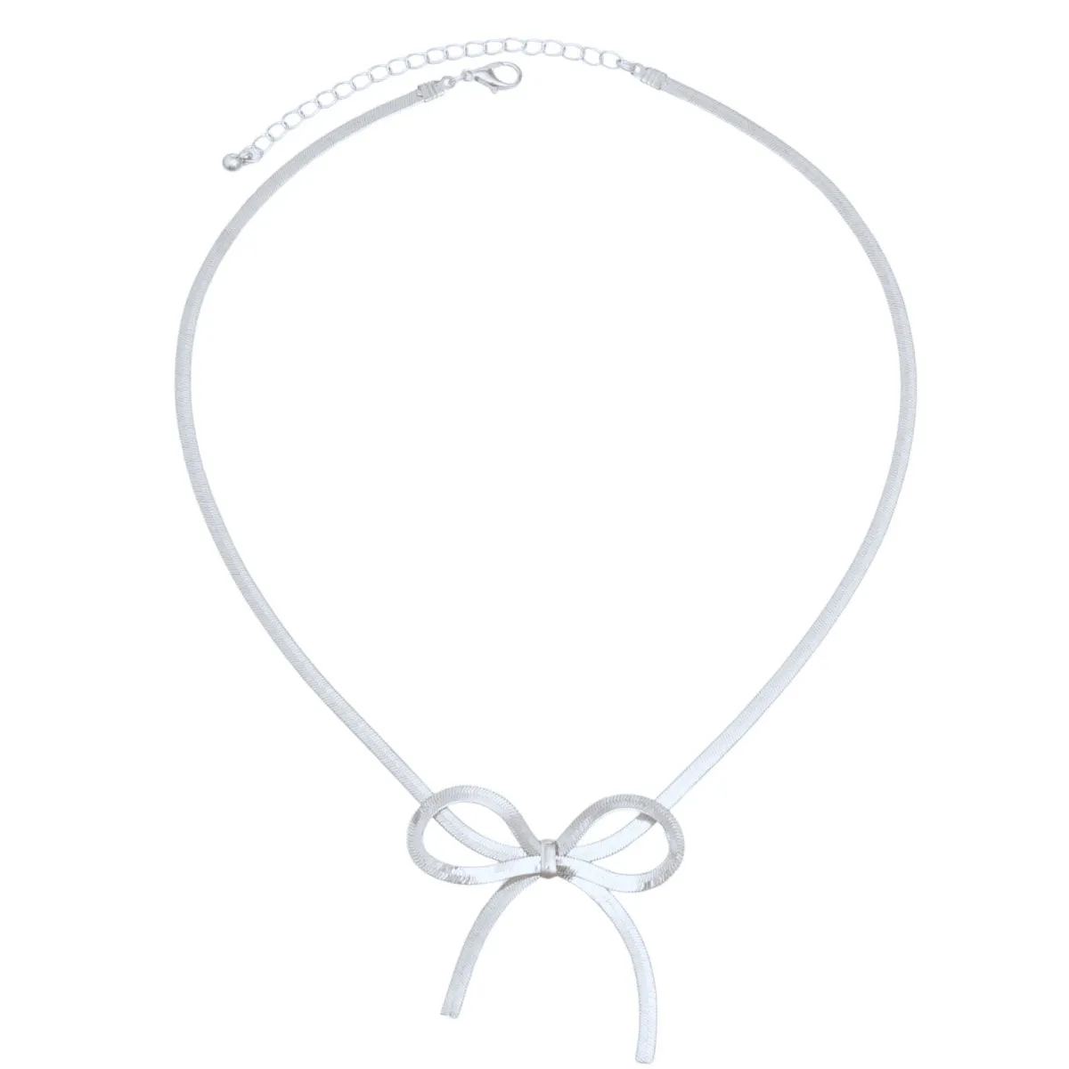 Ribbon Bow Herringbone Chain Necklace - Silver